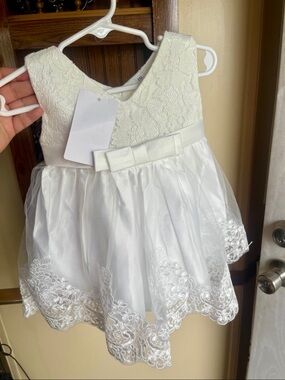 Girls Lace & Tulle Bow Dress - White